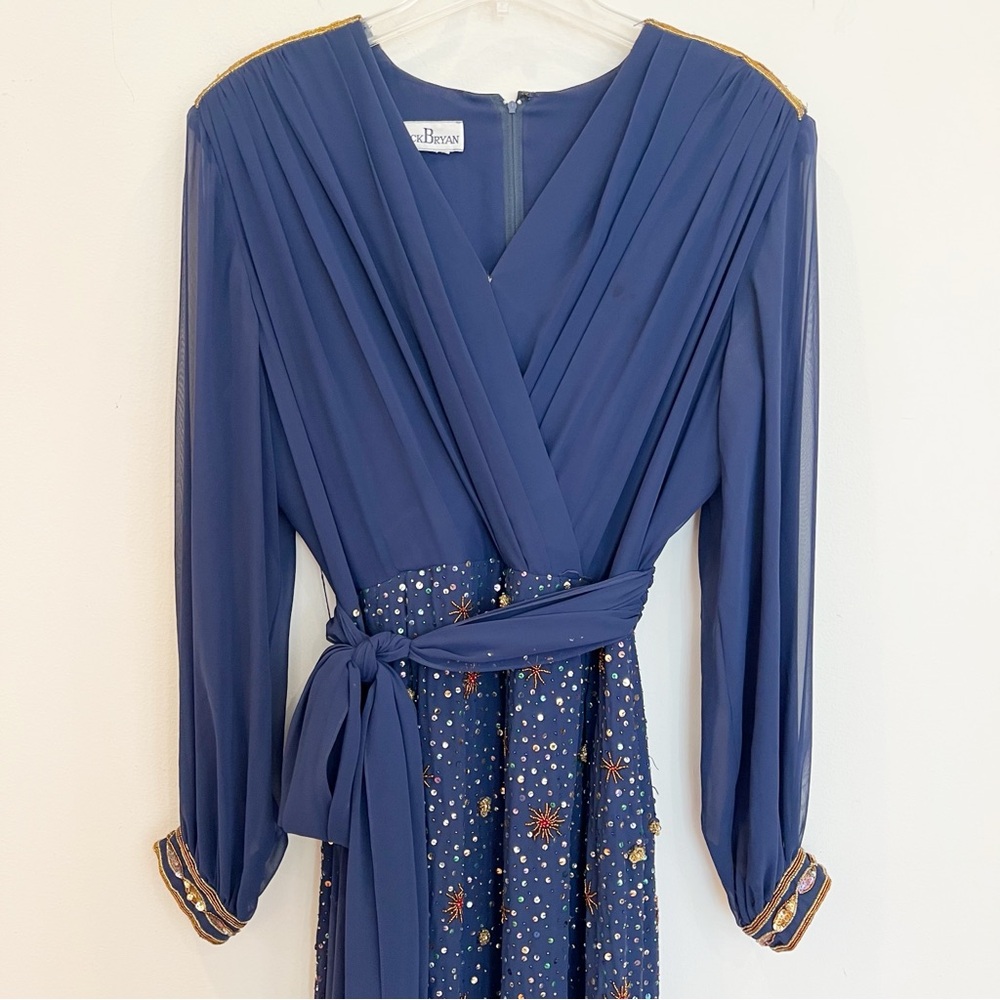 Vintage Jack Bryan Evening Gown Dress Large Blue Beaded Chiffon Celestial Gala - Picture 3 of 15